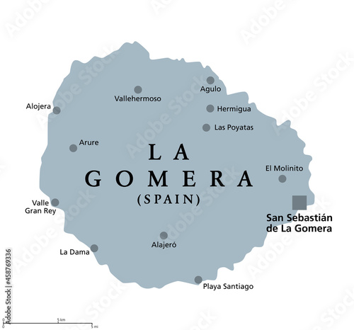 La Gomera island, gray political map with capital San Sebastian de La Gomera. Part of Canary Islands, an archipelago and autonomous community of Spain, in North Atlantic Ocean off the coast of Africa.