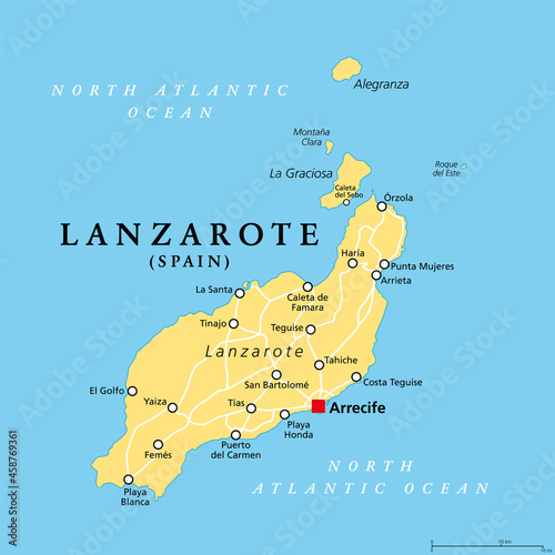 Lanzarote, political map, with capital Arrecife. Northernmost and easternmost island of Canary Islands, an archipelago and autonomous community of Spain, in the Atlantic Ocean off the coast of Africa.