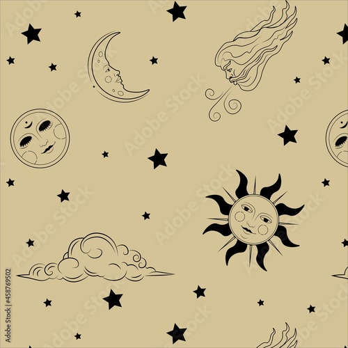 Vector pattern with vintage sun,moon and stars