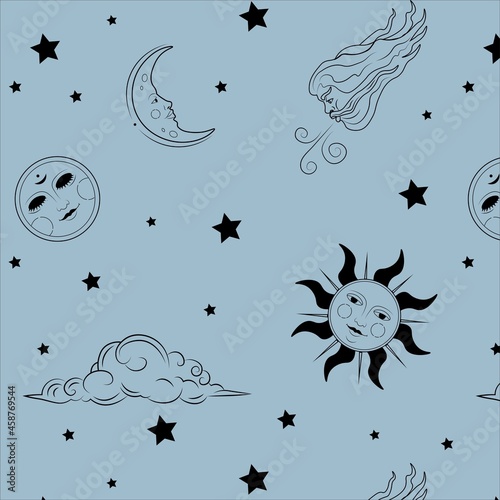 Vector pattern with vintage sun,moon and stars