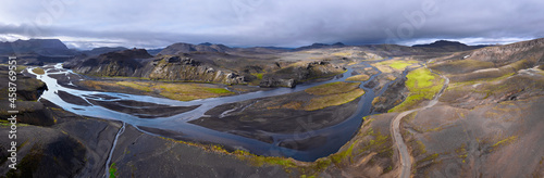 dramatic panorama of a glacial river in the southern highlands of iceland photo