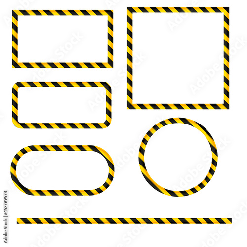 Warning striped square, circle, rectangle and oval frame, safety danger sign yellow and black color.