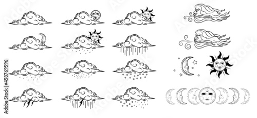 Vector set of the vintage weather icons with moon phases