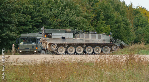 British Army Challenger Armored Repair and Recovery Vehicle (CRARRV) of the REME on a military training exercise, salisbury plain wiltshire UK