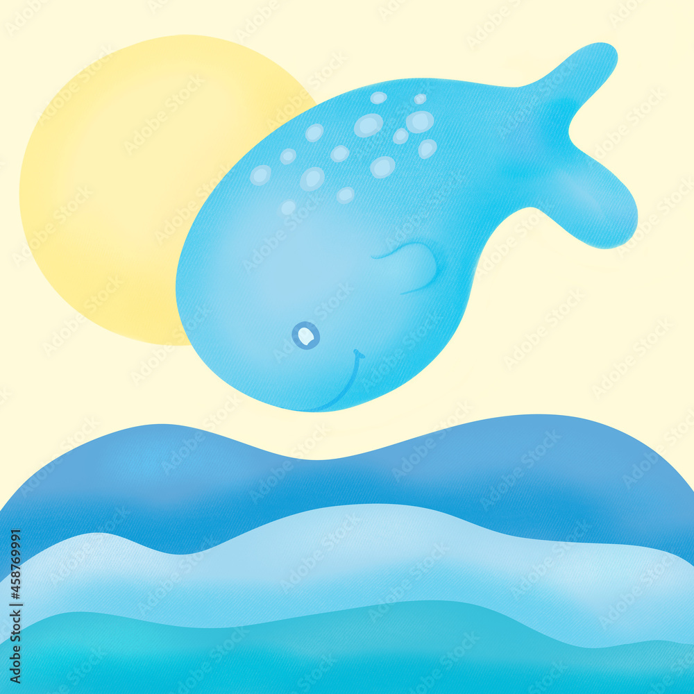 Obraz premium Whale dives into the sea against the backdrop of the sun. Underwater nature and marine wildlife. The sperm whale is a creature of the sea world. Сartoon colorful illustration
