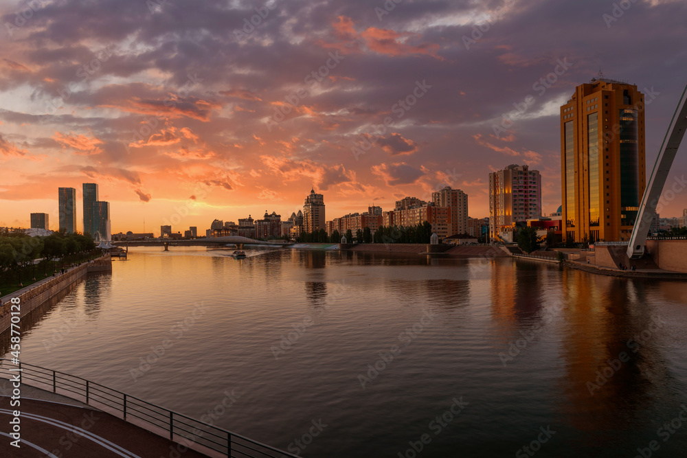 Ishim River in the center of the capital of Kazakhstan - the city of Nur-Sultan