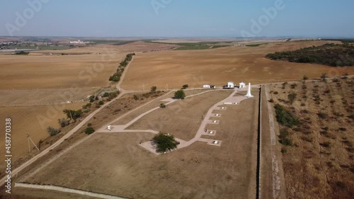 Aerial view of fields and vineyards far away