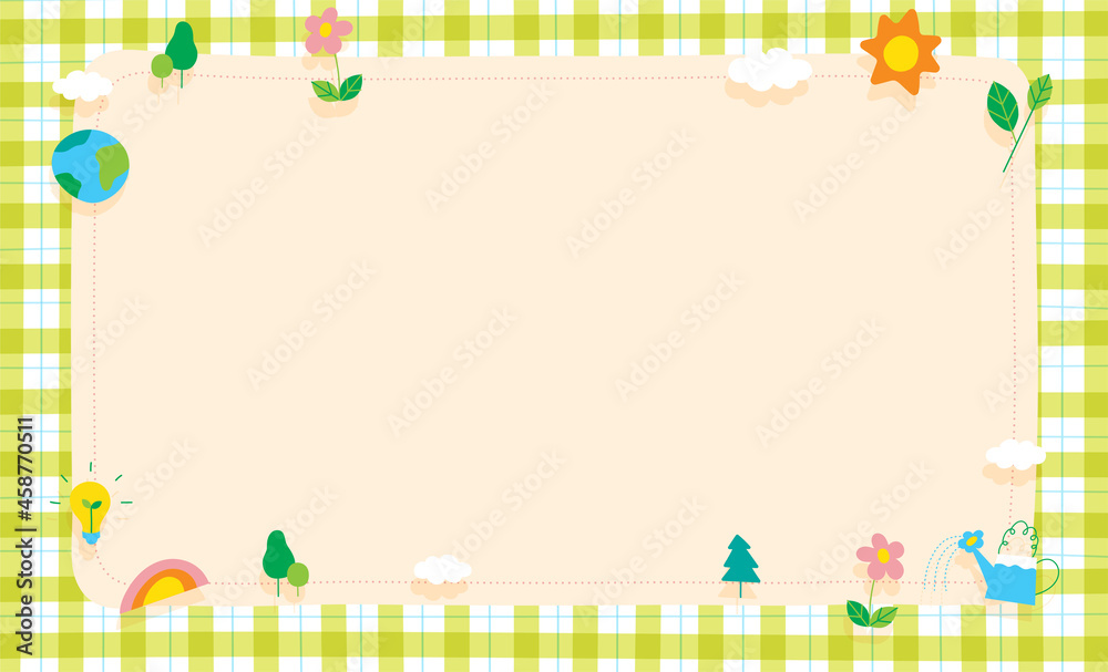 Cute Ornament Element Environment Sun, Cloud, Rainbow, Earth, Bulb, Leaf Branch, Tree, Pastel Green Gingham Pattern Paper Background Frame Border. Blank note Vector Illustration. Editable Stroke. Cute Ornament Element Environment Sun, Cloud, Rainbow, Earth, Bulb, Leaf Branch, Tree, Pastel Green Gingham Pattern Paper Background Frame Border. Blank note Vector Illustration. Editable Stroke.