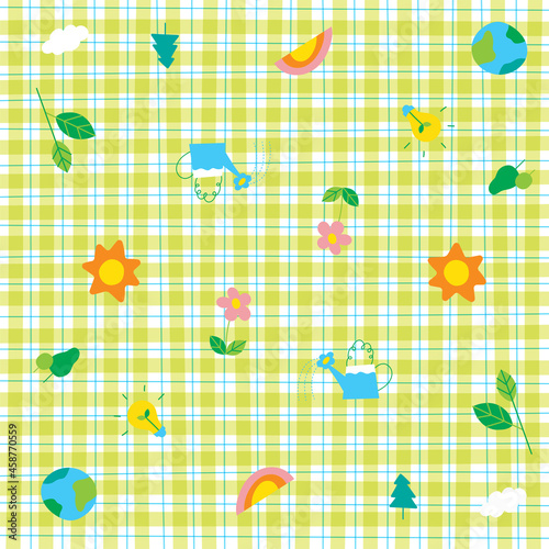 Cute Ornament Element Environment Sun, Cloud, Rainbow, Earth, Bulb, Leaf Branch, Tree, Pastel Green Gingham Pattern Editable Stroke. Cartoon Illustration, Mat, Fabric, Textile, Scarf, Wrapping Paper.