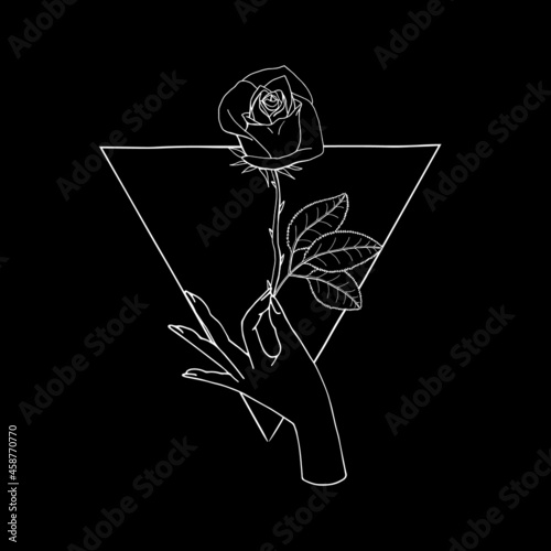 Vintage Mystic Hand holding rose flower drawing on triangle shape background.