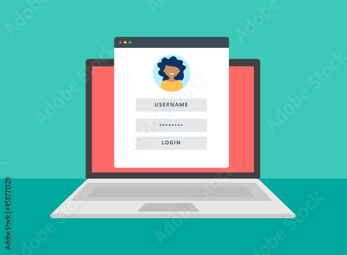 Login authentication concept on laptop screen. Notebook and online login form. Vector illustration. 