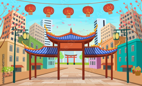 Panorama chinese street with old houses, chinese arch, lanterns and a garland. Vector illustration of city street in cartoon style.