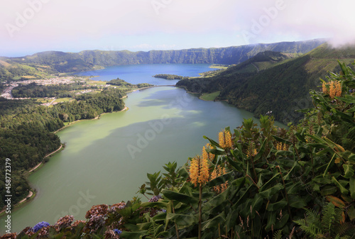 The green and blue lagoon, view from Miradouro da Vista do Rei, Sao Miguel island, Azores