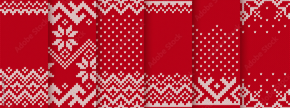 Christmas knit print. Seamless pattern. Vector. Set Red knitted sweater textures. Fair isle traditional geometric backgrounds. Holiday Xmas winter ornament. Festive crochet. Wool pullover illustration Christmas knit print. Seamless pattern. Vector. Set Red knitted sweater textures. Fair isle traditional geometric backgrounds. Holiday Xmas winter ornament. Festive crochet. Wool pullover illustration