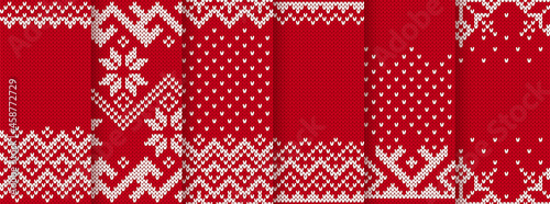 Christmas knit print. Seamless pattern. Vector. Set Red knitted sweater textures. Fair isle traditional geometric backgrounds. Holiday Xmas winter ornament. Festive crochet. Wool pullover illustration