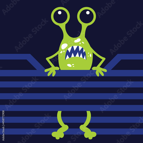 Green funny monster trapped in rope cartoon vector illustration