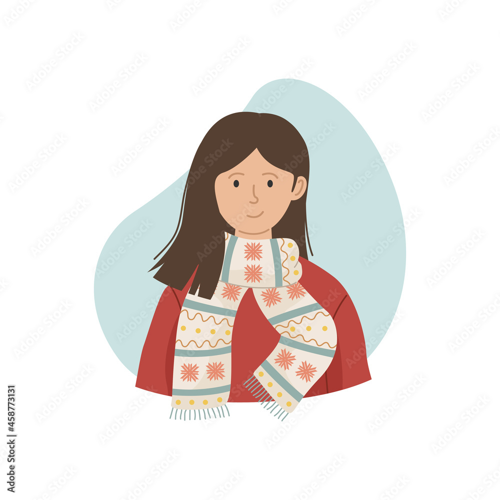 Vector illustration of a girl in a winter knitted scarf. Winter clothing. Vector illustration of a girl in a winter knitted scarf. Winter clothing.