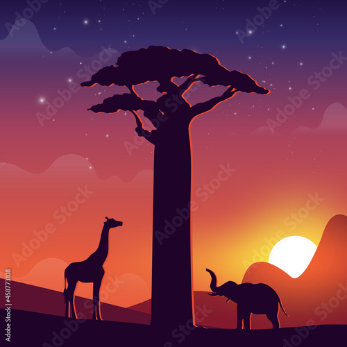 Beautiful African sunset with baobab tree and animals silhouette