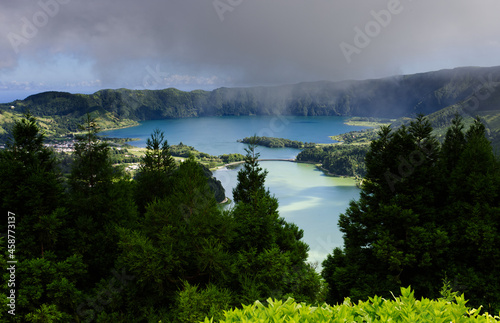 The green and blue lagoon  view from Miradouro da Vista do Rei  Sao Miguel island  Azores