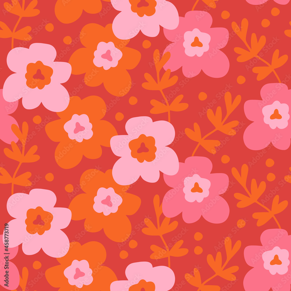 Foto auf Acrylglas mit Zeitgenössisches nahtloses Muster mit abstrakten Blumen, Vintage-Farben. Modernes botanisches Design für Stoffe, Fliesenmosaik, Scrapbooking. Vektor-Illustration #458773719