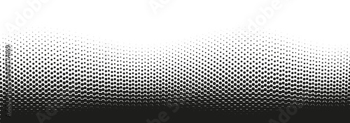 Halftone wavy dot pattern. Pop art gradient background with circles. Comic half tone effect. Abstract wave texture. Optical spotted design. Black white banner. Monochrome vector illustration
