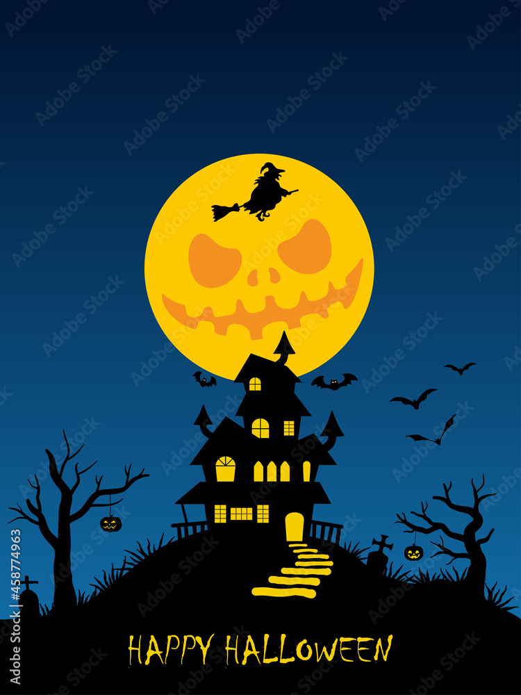 Holiday Halloween background. Black silhouettes of pumpkins, witch and haunted house on orange night sky background. Graveyard and broken trees. Vector illustration eps10.