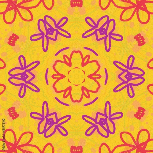 Simple kaleidoscope floral drawing background. Kids creative geometric ornament with nature colors and elements. © Marina