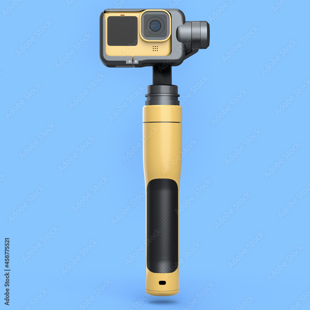 Photo and video lightweight yellow action camera with steadicam on blue