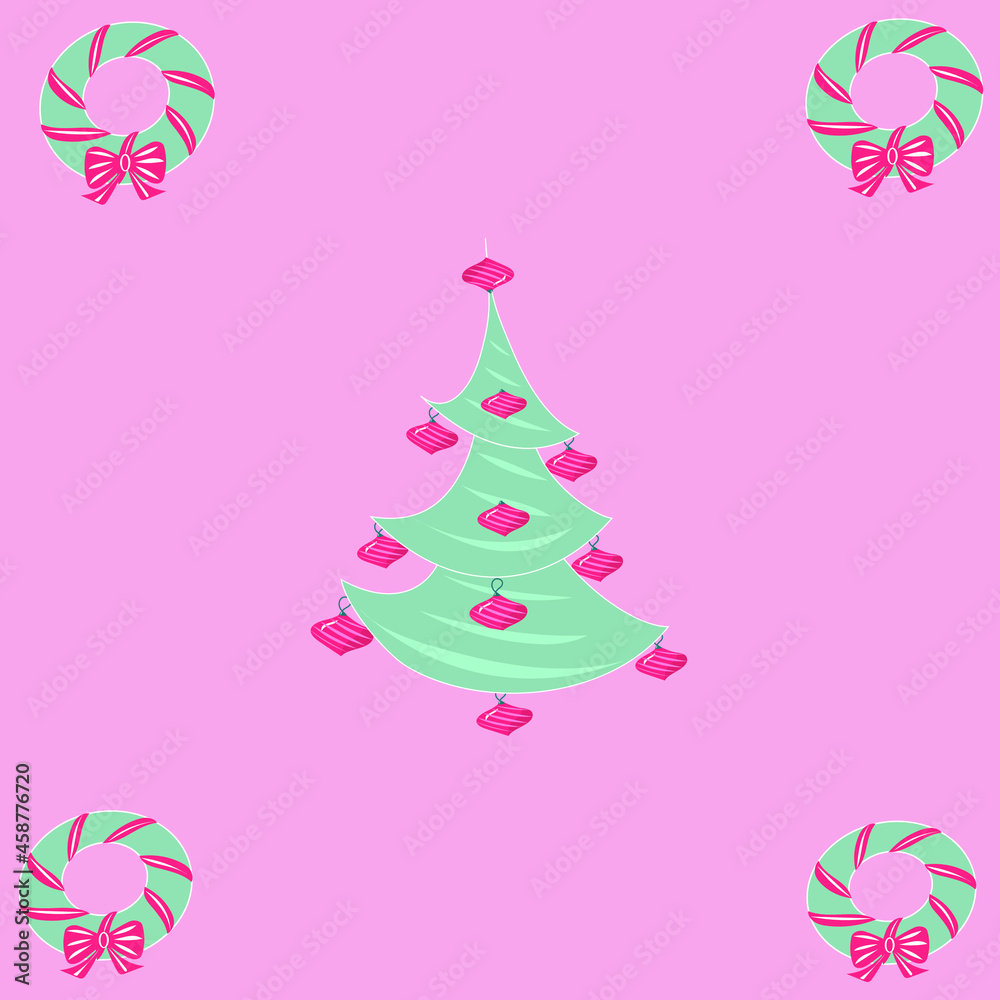 poster with a picture of a Christmas tree and Christmas wreaths on a pink background