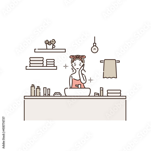 顔を洗う女性のイラスト ツートーン
