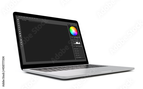 laptop computer with photo editing software template on screen. isolated on white background