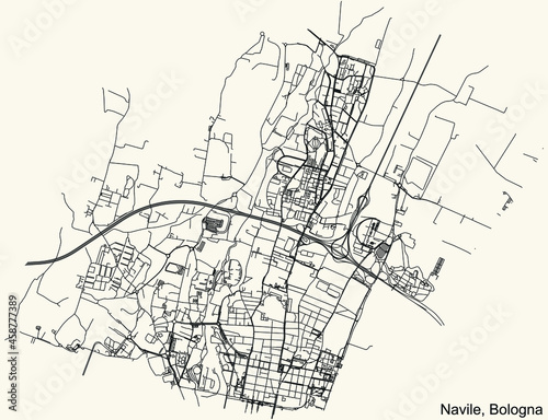 Detailed navigation urban street roads map on vintage beige background of the quarter Quartiere Navile district of the Italian regional capital city of Bologna, Italy