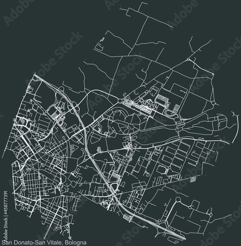 Detailed negative navigation urban street roads map on dark gray background of the quarter Quartiere San Donato-San Vitale district of the Italian regional capital city of Bologna, Italy