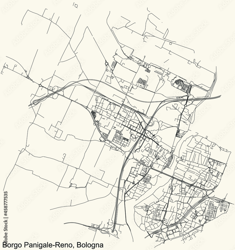 Detailed navigation urban street roads map on vintage beige background of the quarter Quartiere Borgo Panigale-Reno district of the Italian regional capital city of Bologna, Italy