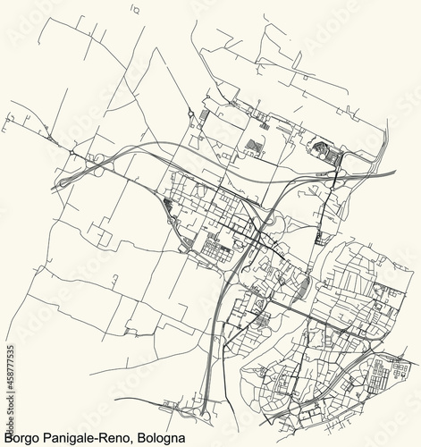 Detailed navigation urban street roads map on vintage beige background of the quarter Quartiere Borgo Panigale-Reno district of the Italian regional capital city of Bologna, Italy