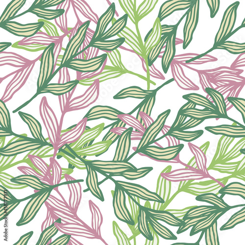 Modern forest branch with leaves seamless pattern. Vintage foliage backdrop.