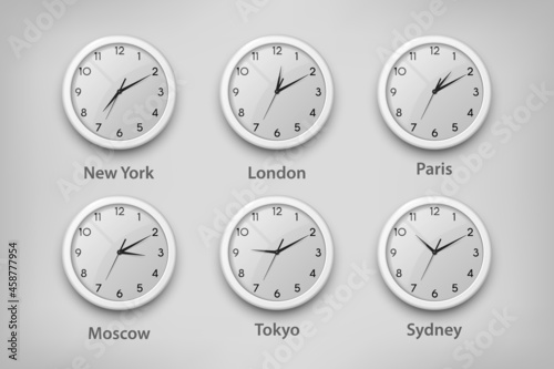 Vector 3d Realistic White Wall Office Clock Set. Time Zones of Different Cities, White Dial. Design Template of Wall Clock, Timezones. Closeup. Mock-up for Branding, Advertise. Top, Front View