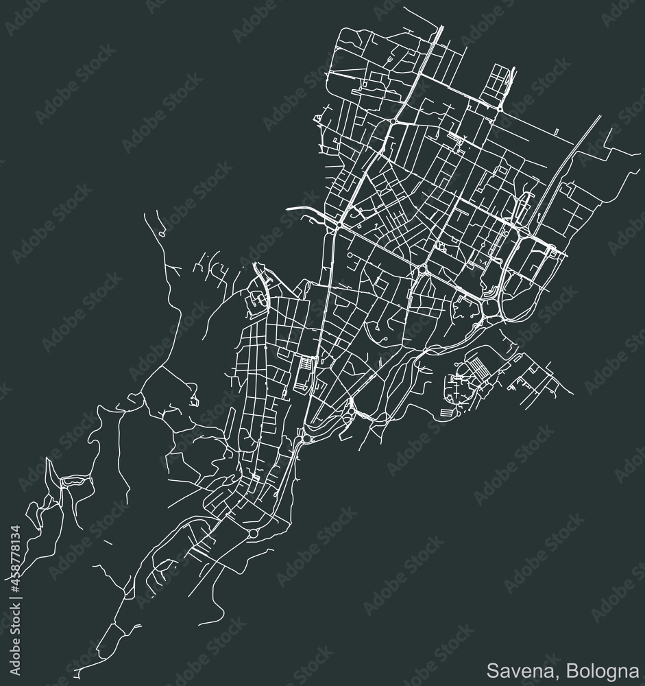 Detailed negative navigation urban street roads map on dark gray background of the quarter Quartiere Savena district of the Italian regional capital city of Bologna, Italy