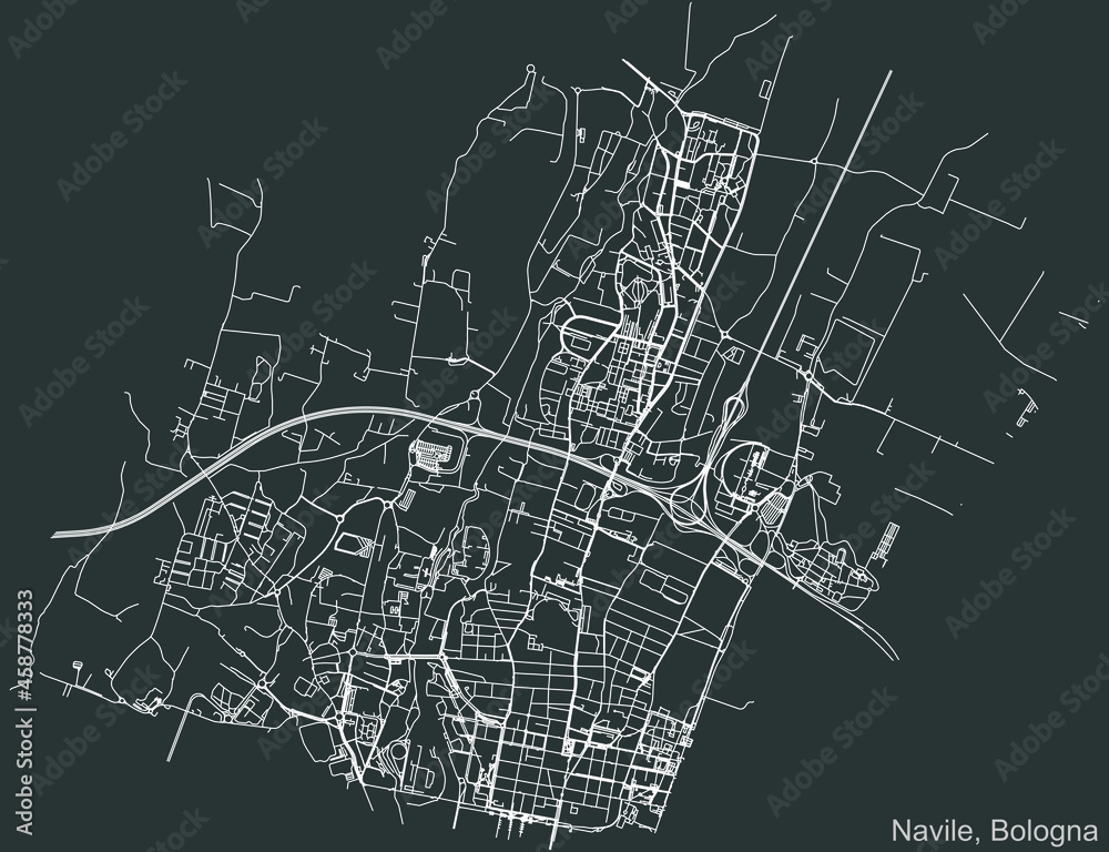 Detailed negative navigation urban street roads map on dark gray background of the quarter Quartiere Navile district of the Italian regional capital city of Bologna, Italy
