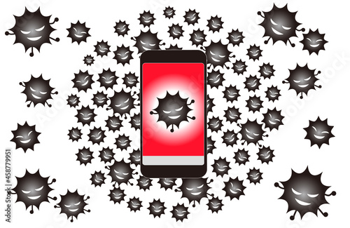 Graphic of the image of a smartphone infected with a computer virus. Transparent background of the vector.
