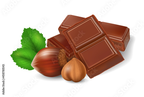 Broken chocolate bars with Hazelnuts on white background, realistic vector illustration