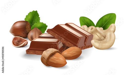 Broken chocolate bars with mix of nuts on white background, realistic vector illustration