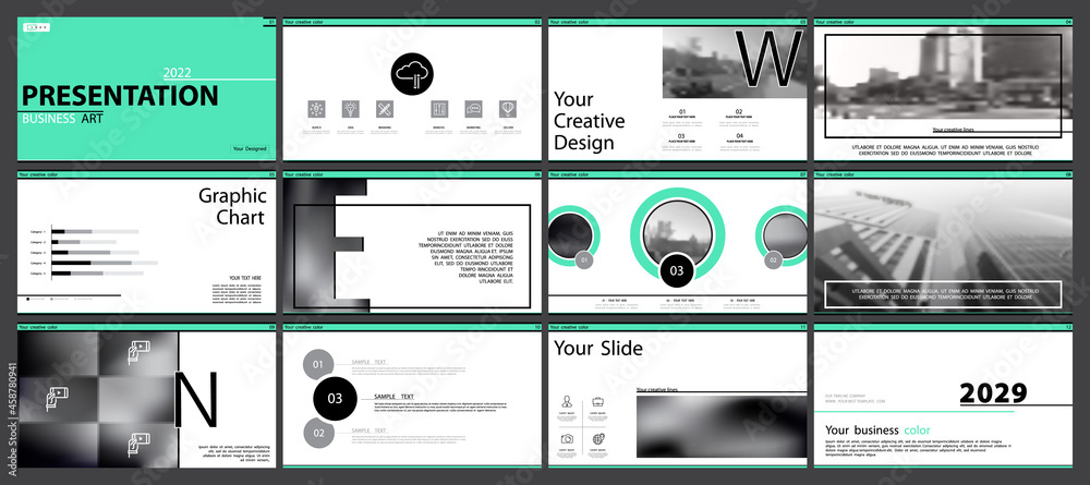 Business presentation template, turquoise and black infographic elements on white background. Offices, buildings, city. Vector slide, presentation of business projects and marketing, icon, monitor