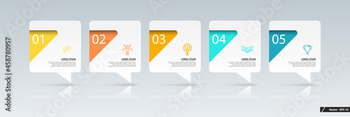 Vector infographic design and marketing icons. Can be used to create workflows, schedules, annual reports, web design. Business concept with 5 variants, steps or processes, colored, triangles, squares
