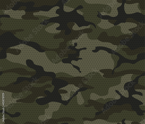  Khaki camouflage with a hexagonal pattern, modern illustration for printing clothing, fabric.