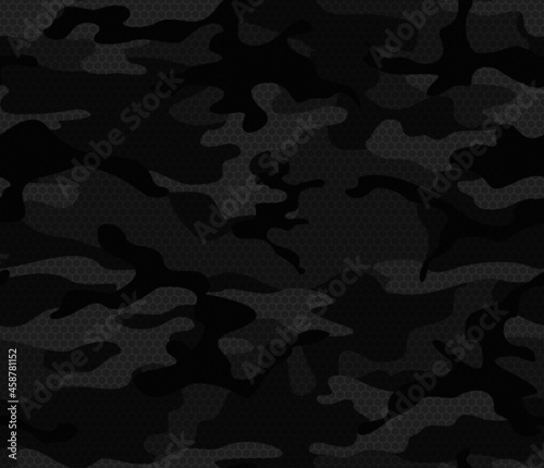 Camouflage black vector seamless pattern with hexagonal shapes. Fashionable design.