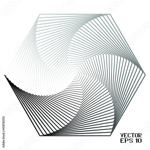 Abstract Black and White Geometric Pattern with Hexagon. Spiral Polygonal Element. Contrasty Optical Psychedelic Illusion. Vector. 3D Illustration