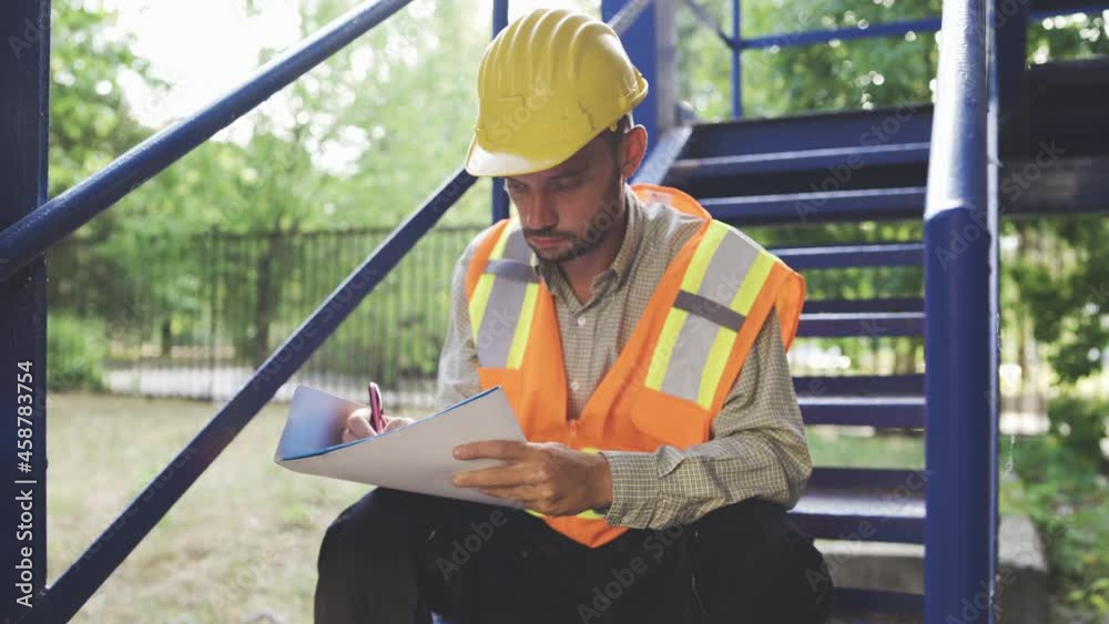Civil engineer in helmet and safety vest taking notes in notepad Civil engineer in helmet and safety vest taking notes in notepad