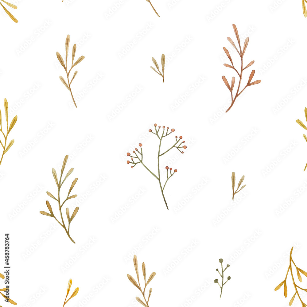Watercolor hand-drown herbal autumn pattern. Seamless texture for textile, fabric, apparel, wrapping, paper, stationery, wallpaper, pillow.