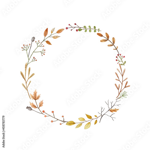 Floral watercolor autumn circle frame. Wreath for design  lettering  card  fabric  wedding invitation.